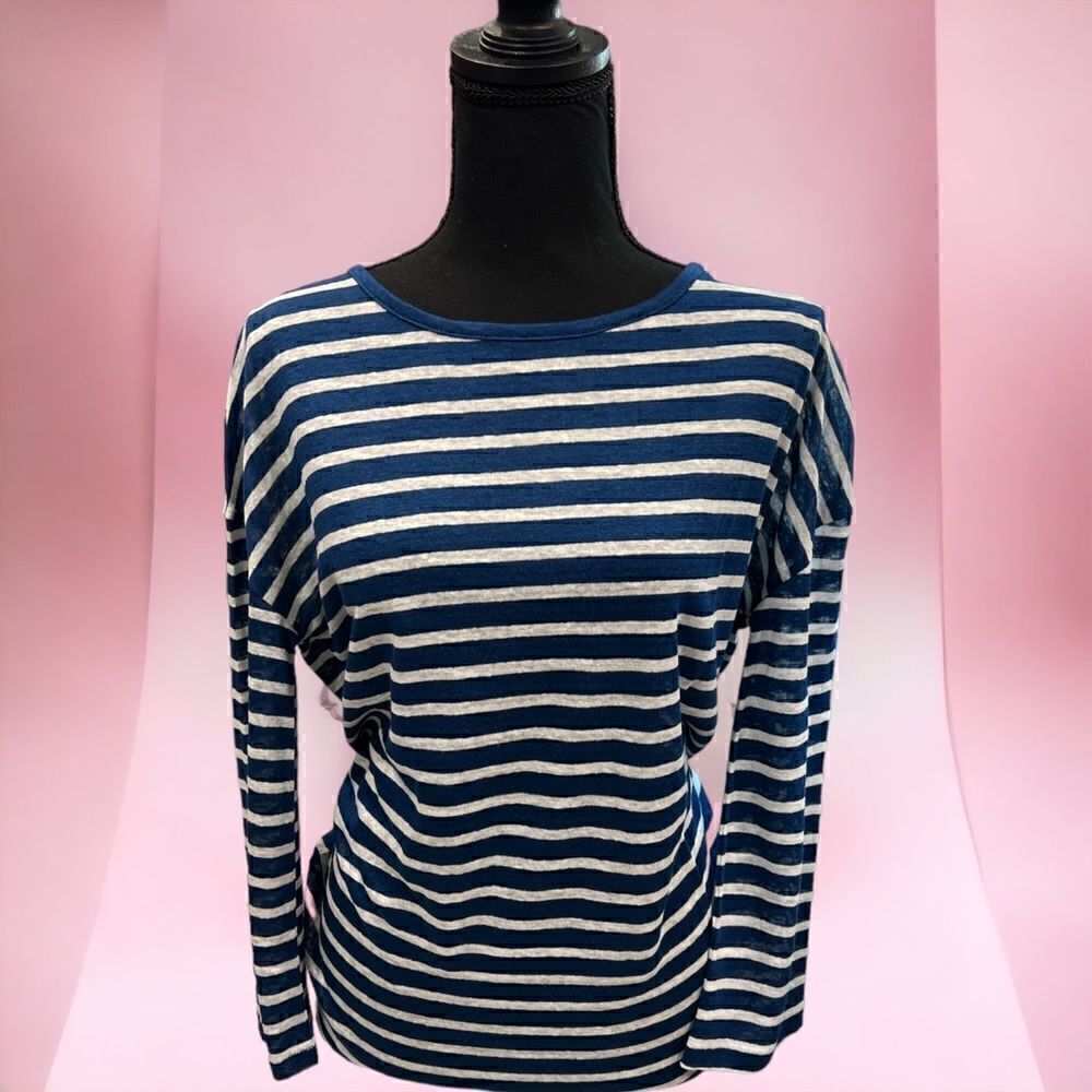 J Crew Blue and Cream striped Linen knit long sleeve top size XXS - Picture 2 of 6